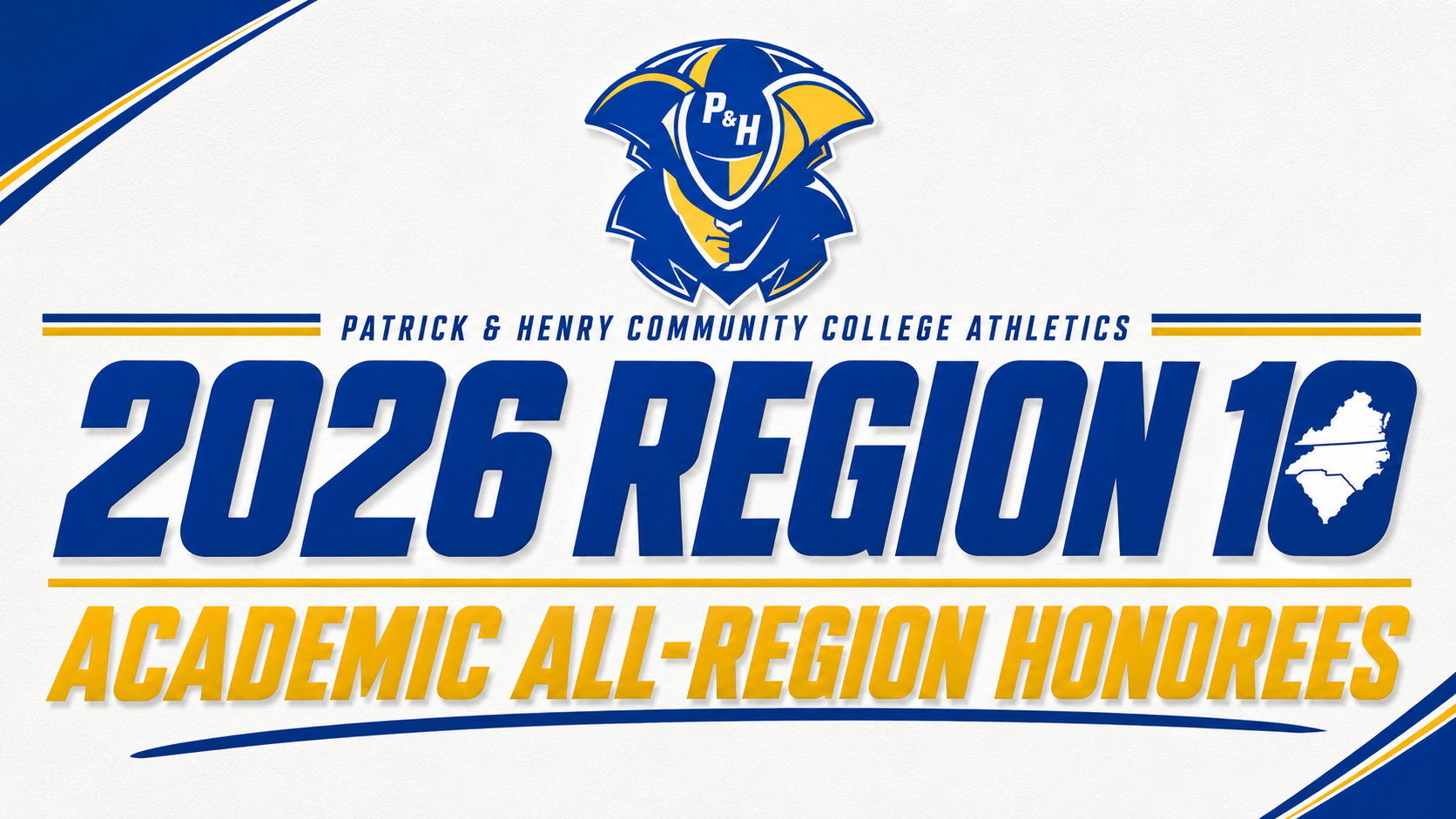 Graphic with a white background and blue-and-gold accents featuring the Patrick & Henry Community College Athletics logo at the top. Large blue text reads "2026 Region 10" with gold text below reading "Academic All-Region Honorees." Blue and gold diagonal corner elements frame the design, and the Region 10 logo is incorporated into the "0" in "10." The clean, modern layout celebrates Patrick & Henry Community College student-athletes recognized for their academic achievements during the 2026 season.