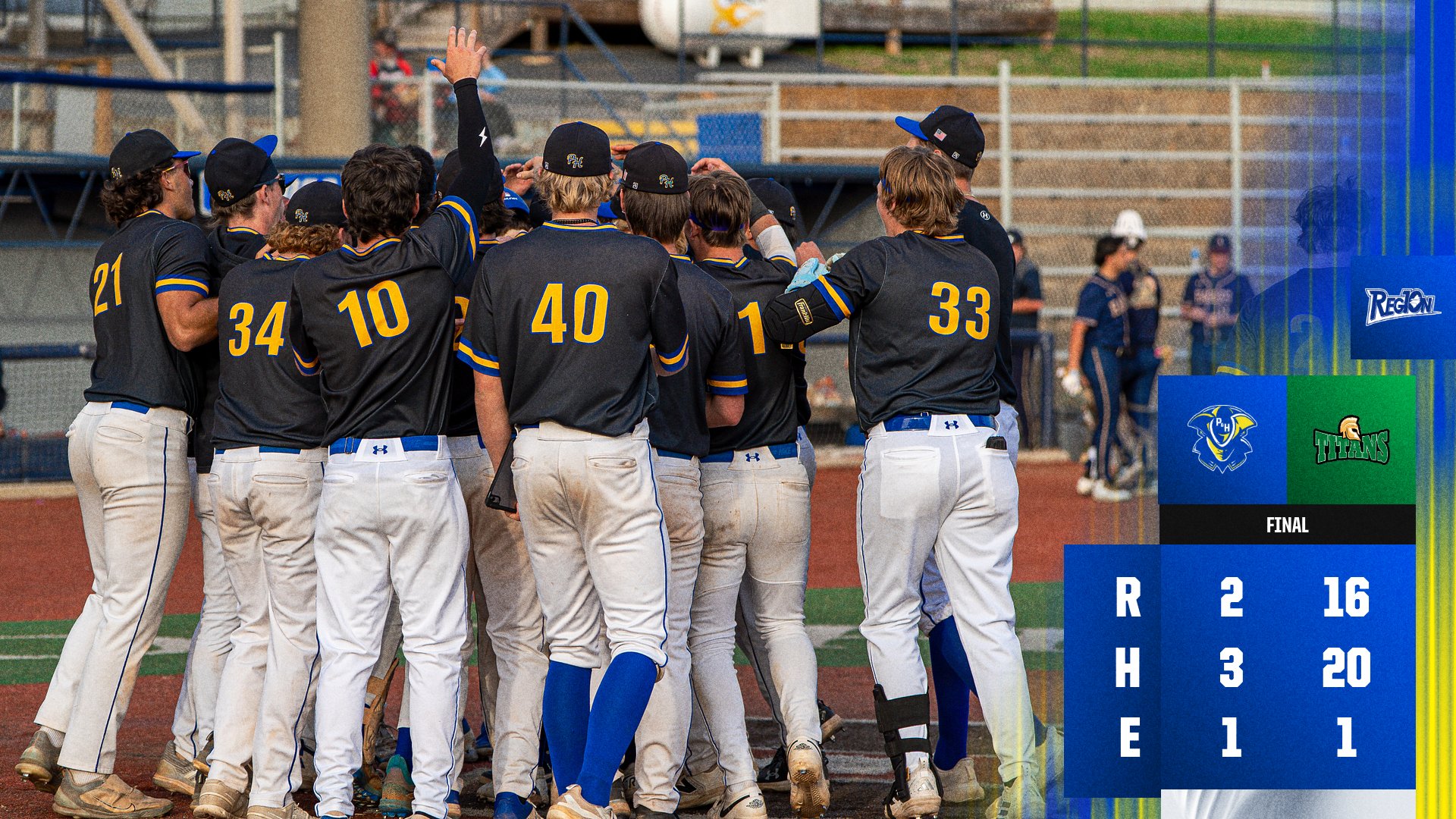 Final score graphic for a Patrick & Henry Community College baseball game against Guilford Technical Community College. The image shows a group of Patrick & Henry baseball players in black jerseys and gray pants gathered in a huddle on the field with hands raised together. On the right side of the graphic, a scoreboard displays the final result: P&HCC scored 2 runs on 3 hits with 1 error, while Guilford Tech scored 16 runs on 20 hits with 1 error. Team logos for Patrick & Henry and Guilford Tech appear above the score, with blue and yellow graphic accents and a Region 10 logo.