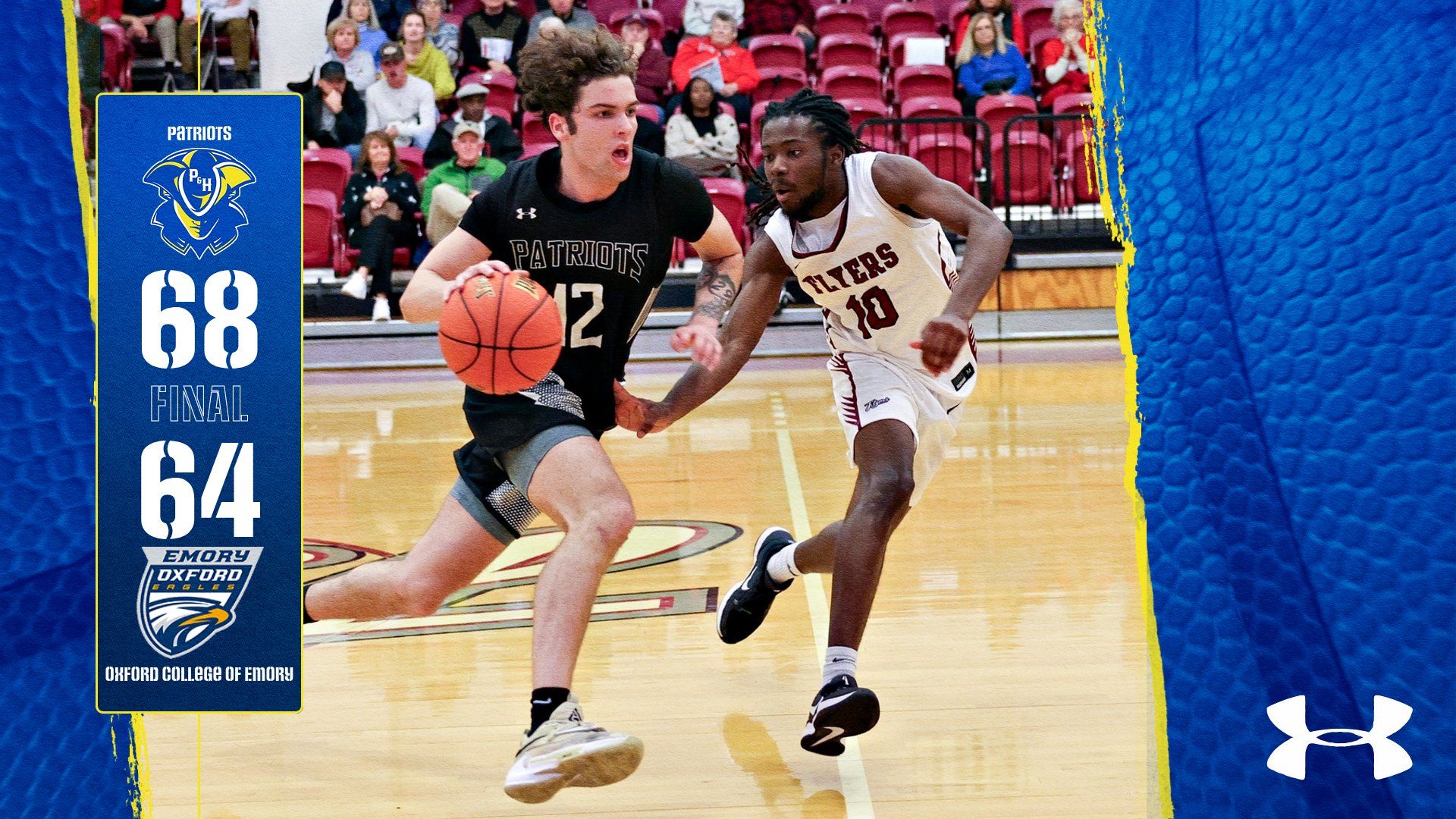 Action photo from a men’s basketball game showing a Patrick & Henry Community College player in a black Patriots uniform driving to the basket while being closely defended by an opponent in a white uniform. A vertical score graphic on the left reads “Patriots 68, Emory Oxford Eagles 64 – Final.” The game was played at Oxford College of Emory, and the Under Armour logo appears in the bottom right corner.