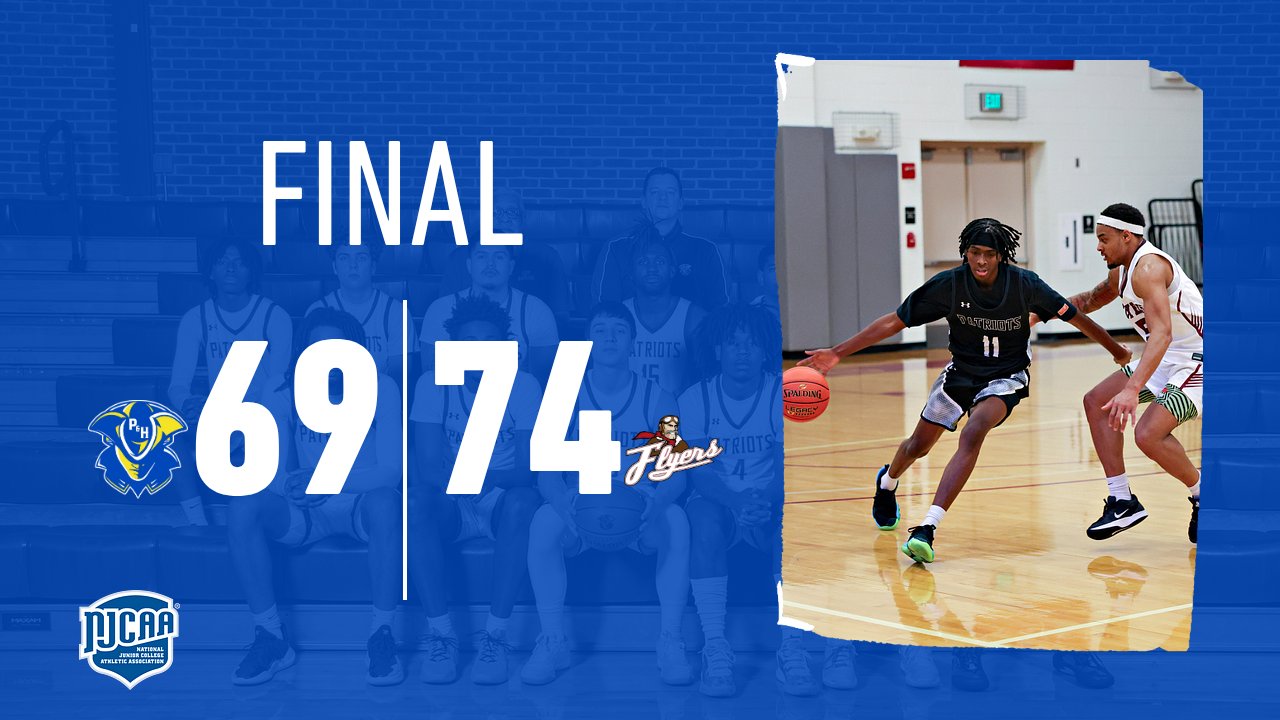 Final score graphic showing Patrick & Henry Community College losing 74–69 to Sandhills Community College. The graphic features a Patriots player dribbling the basketball during game action, with team logos and NJCAA branding.