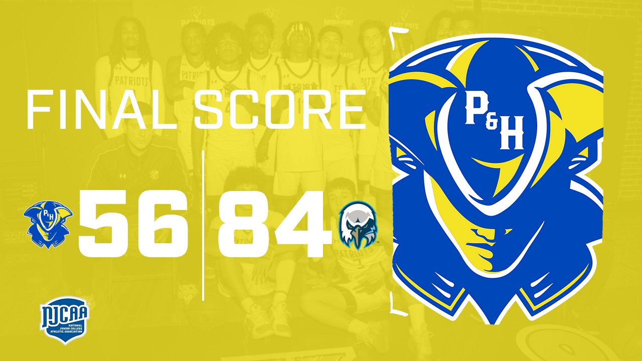 A yellow-tinted graphic shows the final score of a men’s basketball game. Large white text reads “FINAL SCORE.” Below it, the score is displayed: P&HCC Patriots 56 and Wake Tech Eagles 84. The Patriots logo appears on the left side of the score, and the Wake Tech eagle logo appears on the right. On the right half of the graphic is a large, bold P&H Patriots logo. In the background, there is a faded team photo of the P&HCC men’s basketball team. The NJCAA logo is positioned at the bottom left corner.
