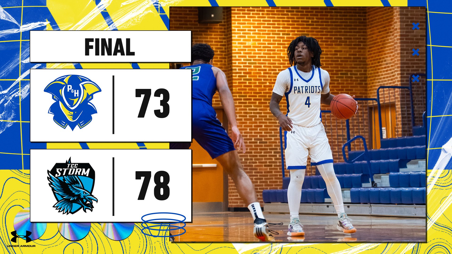 Graphic displaying the final score of an NJCAA Region 10 Division III men’s basketball game. Patrick & Henry Community College Patriots scored 73 and Tidewater Community College Storm scored 78. The graphic features the P&HCC Patriots logo next to “73” and the TCC Storm logo next to “78.” In the background, a P&HCC player wearing a white Patriots uniform, number 4, is dribbling the basketball on the court while being defended by a Tidewater player in blue. The word “FINAL” appears at the top of the graphic.