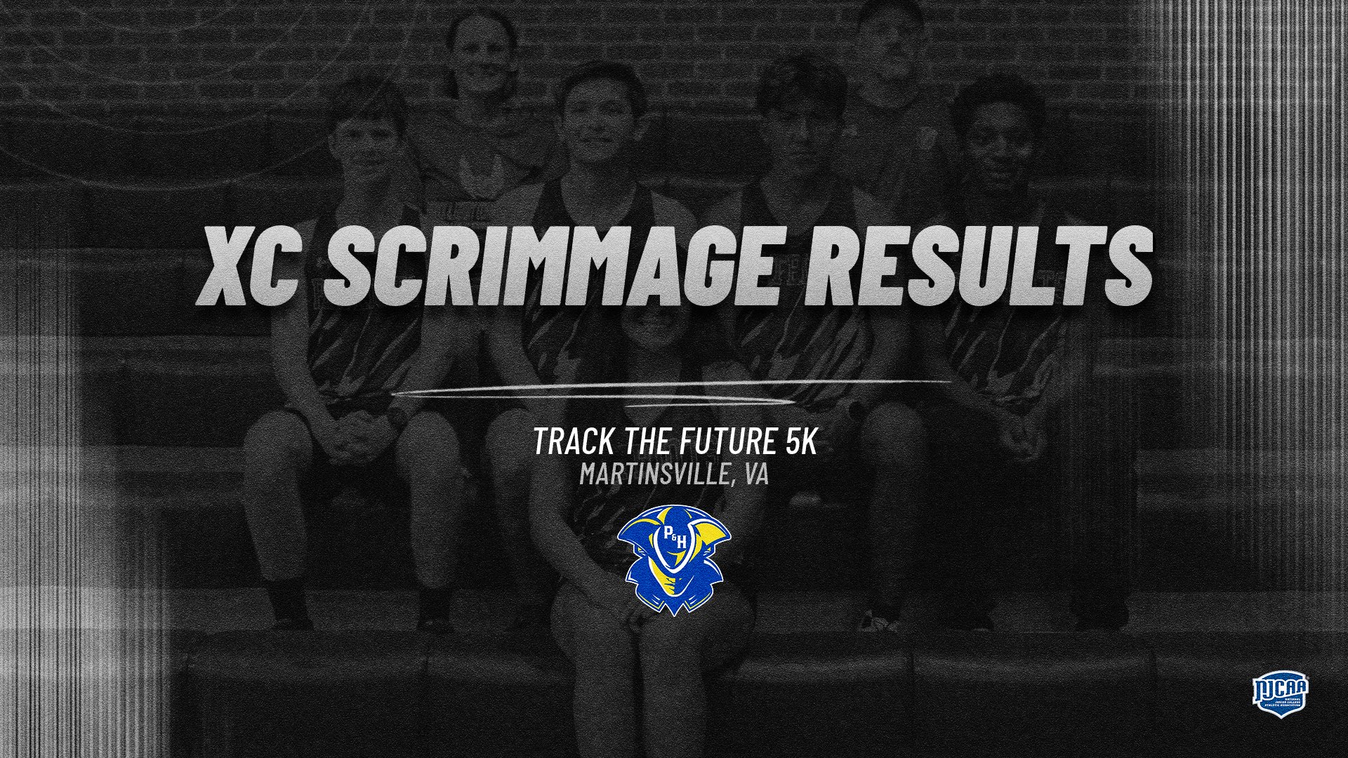 Cross Country Scrimmage Results graphic for the Track the Future 5K in Martinsville, VA, with P&HCC and NJCAA logos.