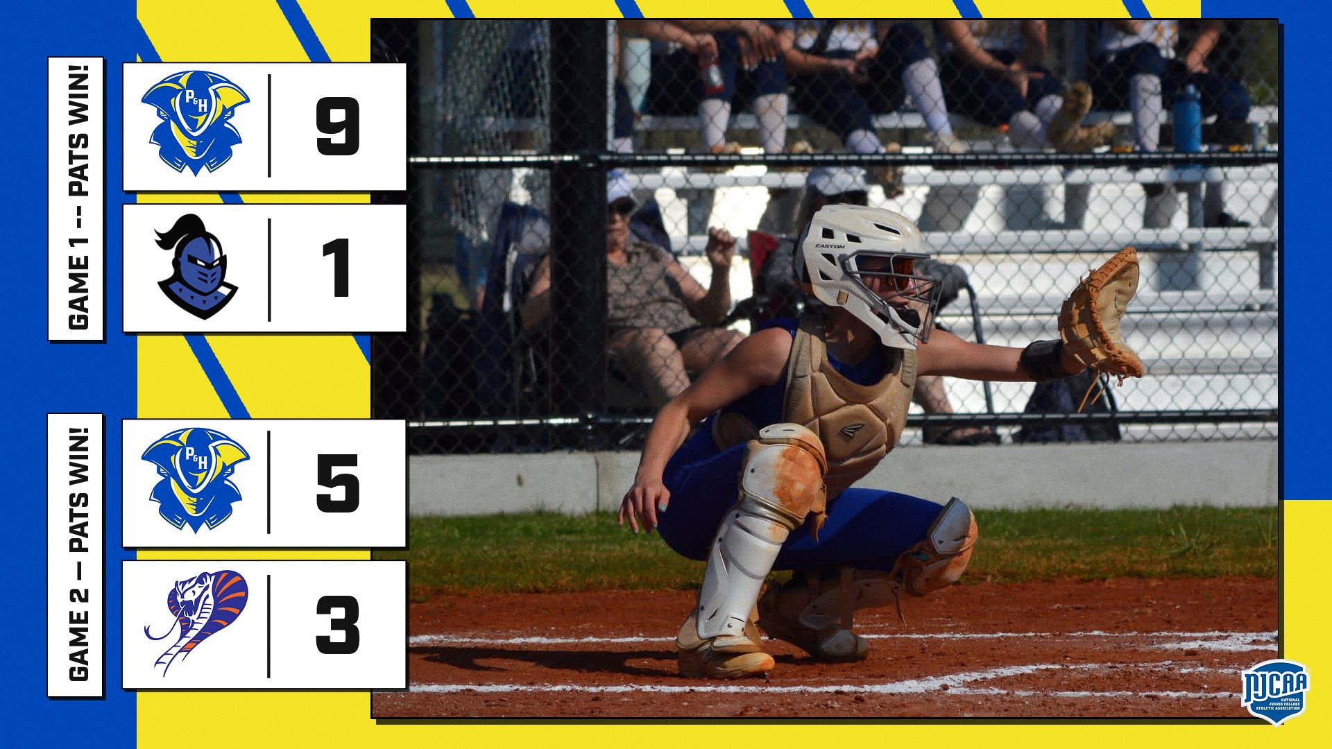Final score graphic from a softball doubleheader. Patrick & Henry (P&HCC) defeated the Knights 9&ndash;1 in Game 1 and 5&ndash;3 in Game 2. The background image shows a P&HCC catcher in blue uniform and full gear crouched behind home plate with glove extended, ready to receive a pitch. Fans are seated in bleachers behind a chain-link fence.