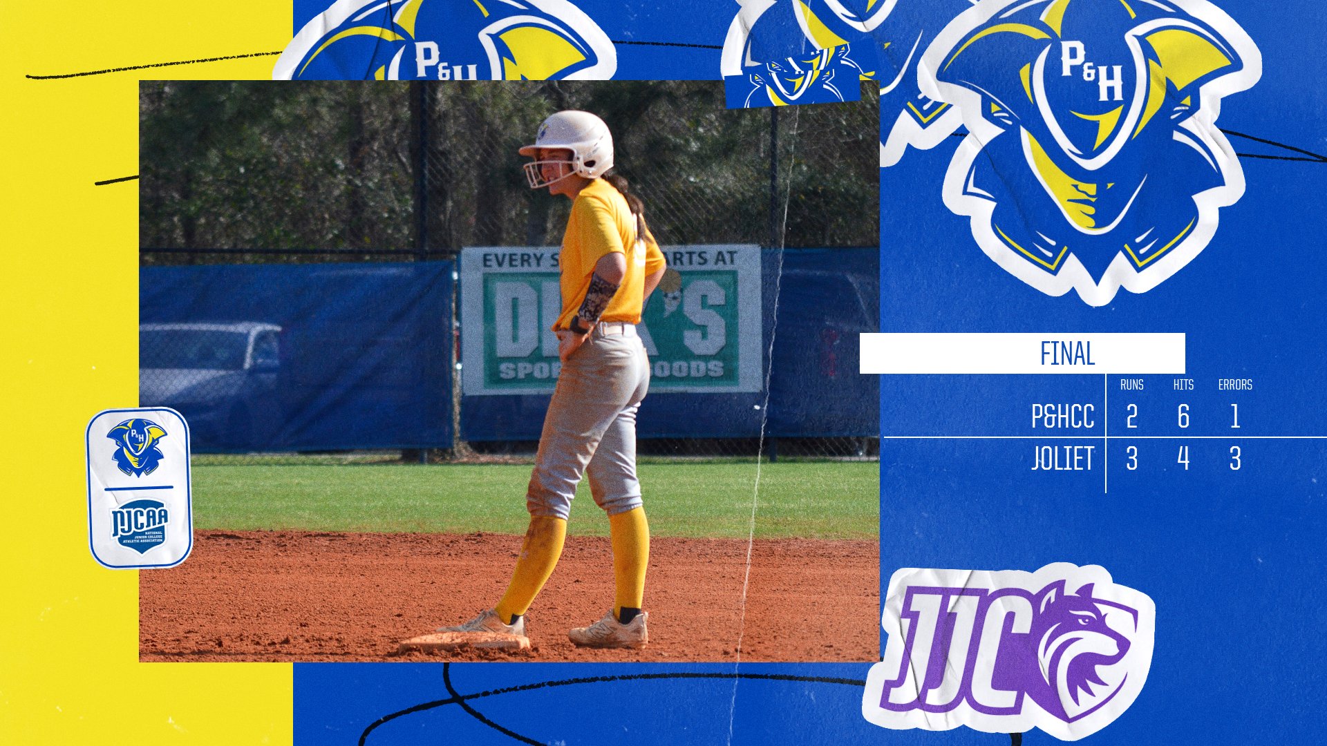 Graphic showing the final score of an NJCAA Division III Softball World Series elimination game between Patrick & Henry Community College and Joliet Junior College in East Syracuse, New York. The graphic features a P&HCC softball player standing on the infield dirt in a gold jersey, gray softball pants, and white helmet during the game. The scoreboard on the right shows Joliet defeating P&HCC 3-2. P&HCC recorded six hits while Joliet finished with four hits. Team logos and P&HCC blue-and-yellow branding appear throughout the graphic.