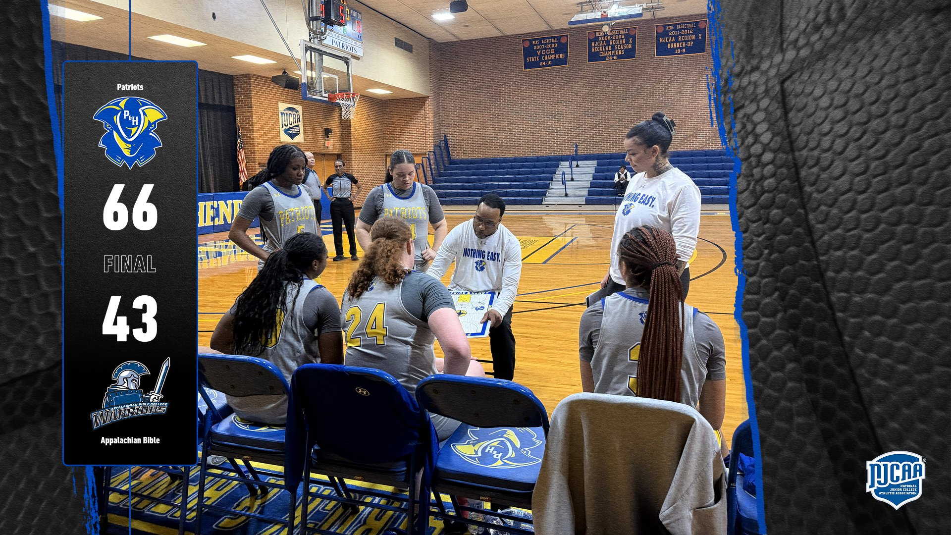 Patrick & Henry Community College women’s basketball coaches huddle with student-athletes on the bench during a home game in Stone Hall. A final score graphic shows P&HCC defeating Appalachian Bible College, 66–43, with the Patriots logo above the score and the Appalachian Bible College Warriors logo below.