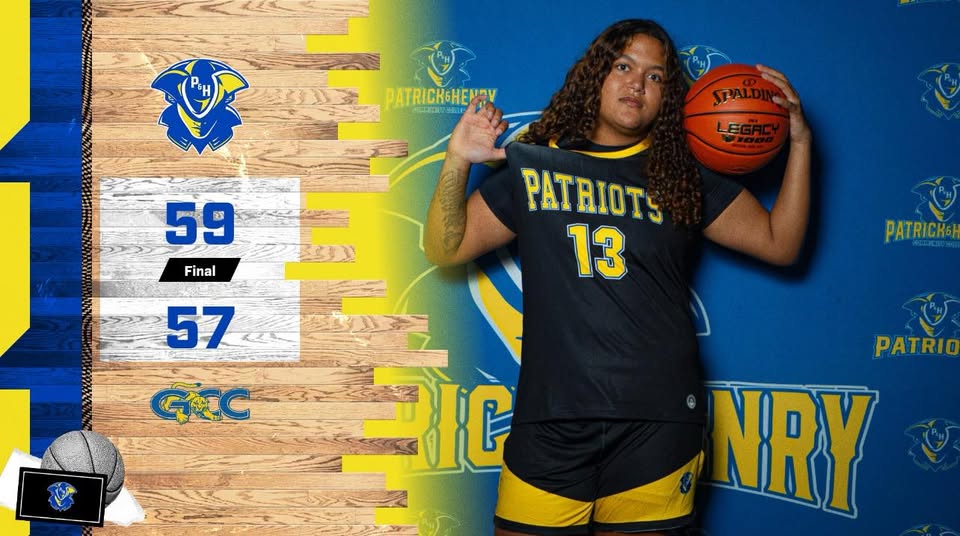 Graphic celebrating P&HCC women’s basketball 59–57 road win over Genesee Community College. The left side features the Patrick & Henry Patriots logo above the final score, 59–57, with “Final” displayed between the scores and the Genesee “GCC” logo below. The background includes navy, gold, and wood-textured design elements. On the right side, a Lady Patriots player wearing a navy jersey with “Patriots” and number 13 in gold holds a basketball on her shoulder while posing in front of a Patrick & Henry branded backdrop.