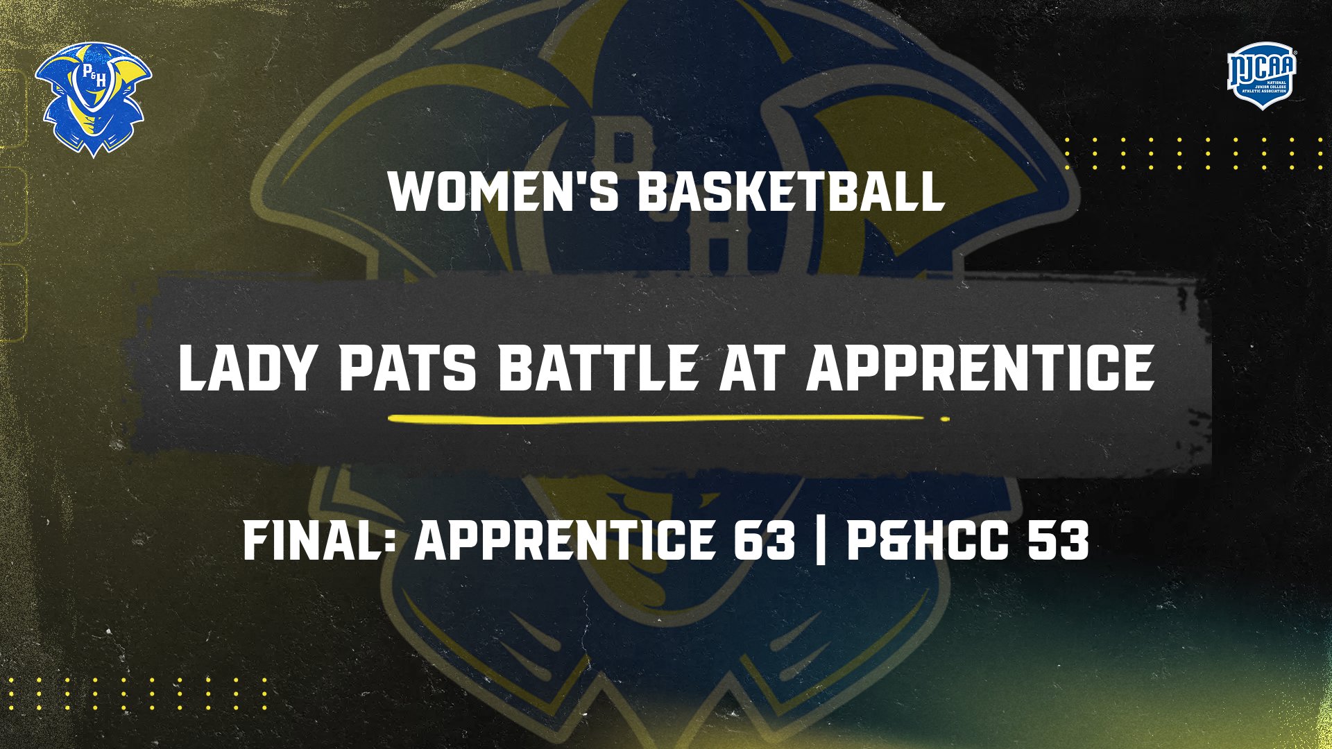 Graphic showing the Patrick & Henry Community College (P&HCC) Women’s Basketball game result. Text reads: “Women’s Basketball – Lady Pats Battle at Apprentice. Final: Apprentice 63 | P&HCC 53.” The background features a dark texture with the P&HCC logo in blue and gold faintly visible behind the text, and the NJCAA logo in the upper right corner.