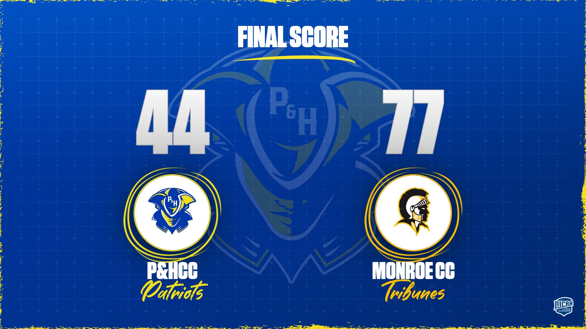 Graphic displaying the final score of a women’s basketball game with a blue background and P&HCC watermark. The score reads P&HCC 44 and Monroe CC 77. The P&HCC Patriots logo appears on the left and the Monroe CC Tribunes logo appears on the right. “Final Score” is written across the top, and the NJCAA logo is shown in the bottom right corner.